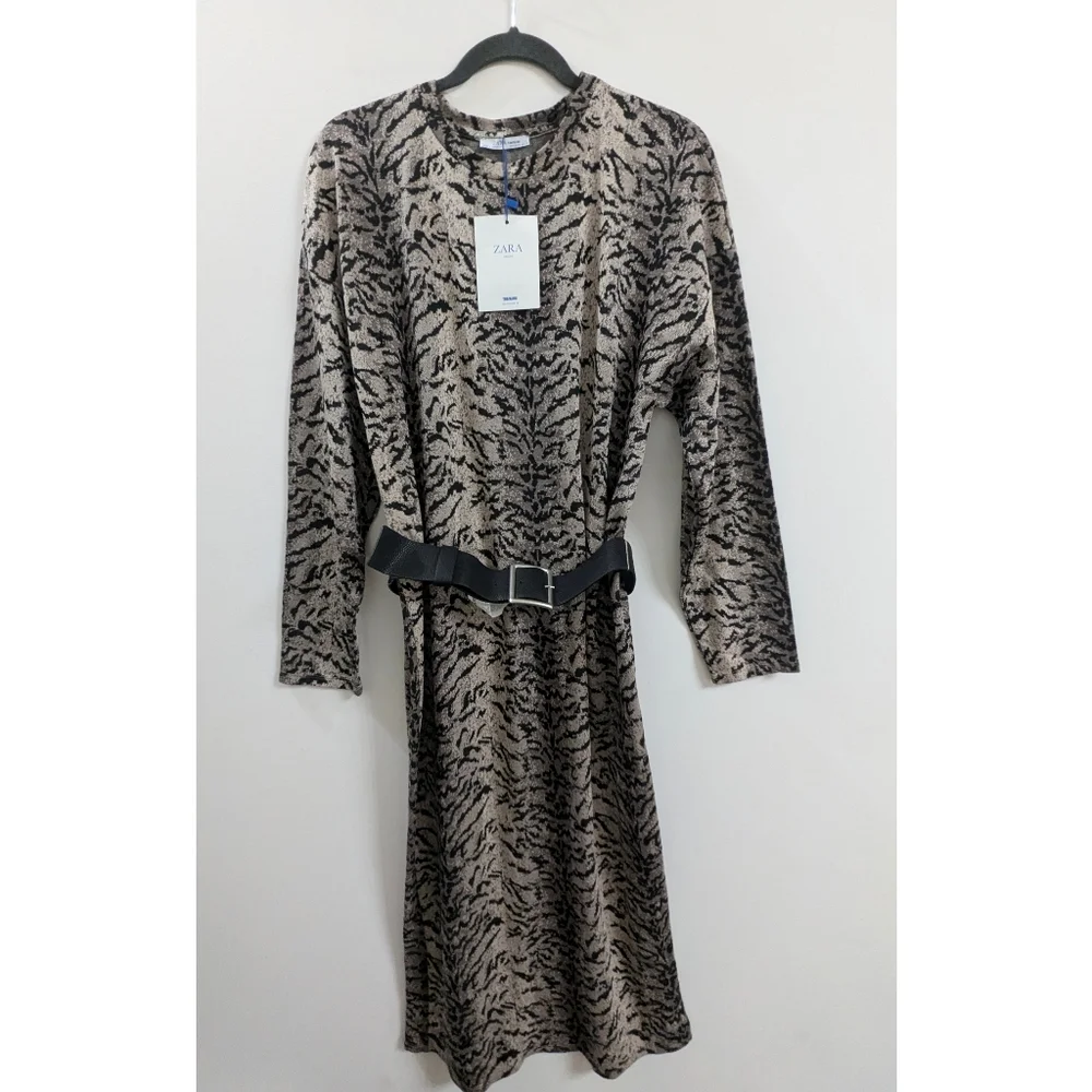 ZARA Belted Animal Print Midi Dress Size M - Picture 2 of 8